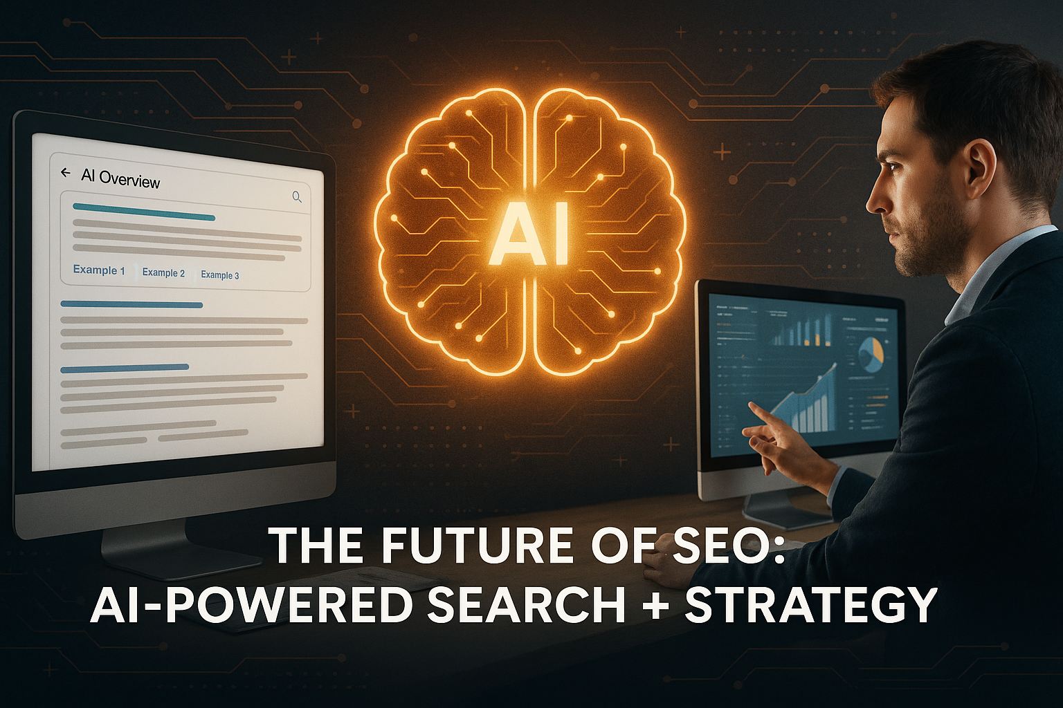 Impact of Generative AI on SEO Realistic digital image of a businessman analyzing SEO data on a computer, with an AI brain icon glowing at the center and a search engine results page (SERP) displaying an AI Overview on the left.